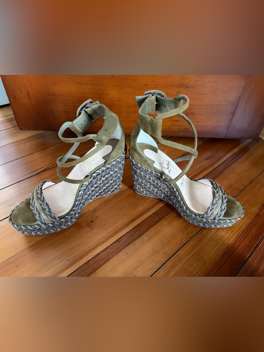 Christian Louboutin Olive Suede Braided Wedge Sandals